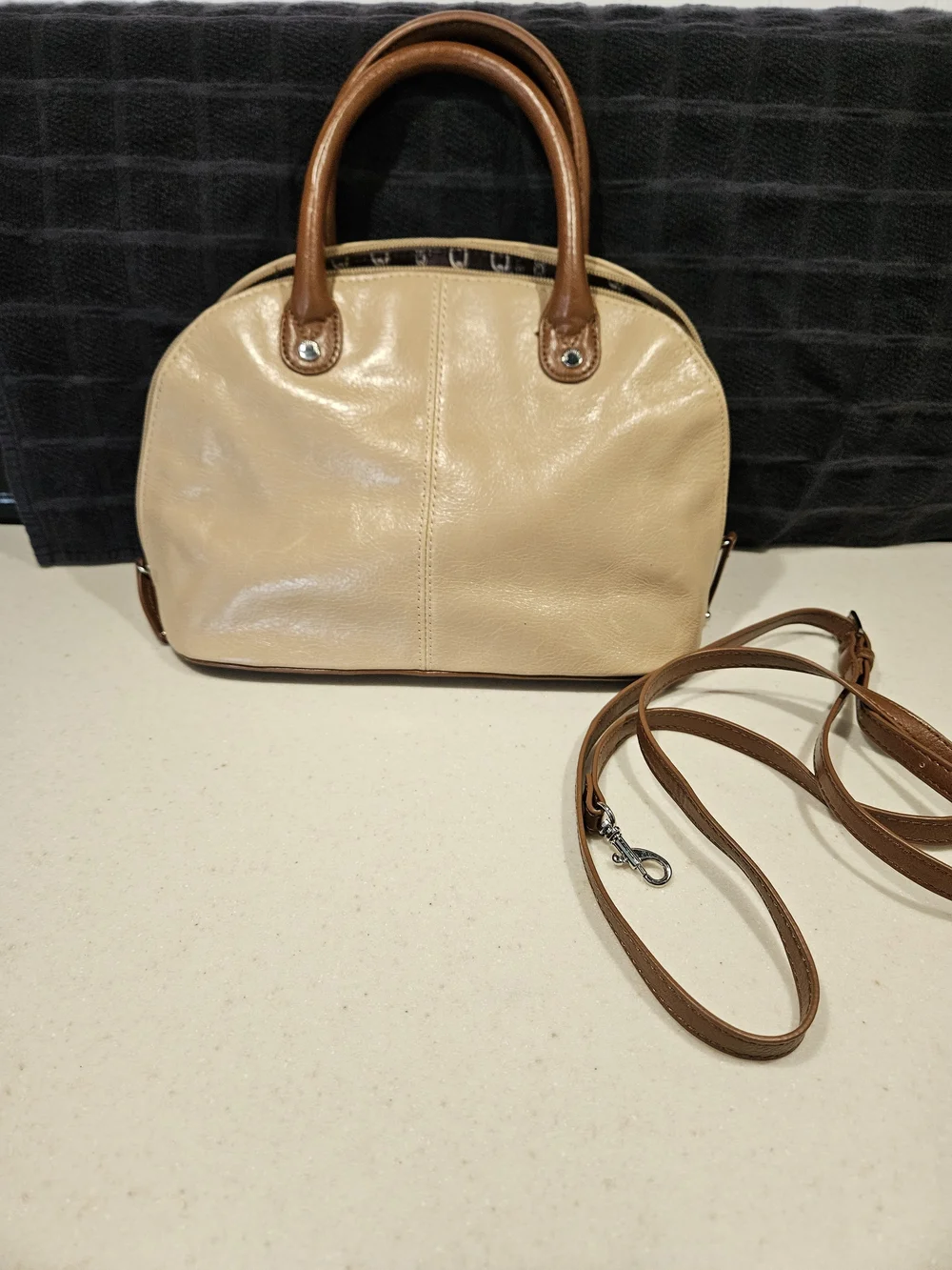 Tignanello Beige and Brown Women's Leather Satchel with Detachable Strap